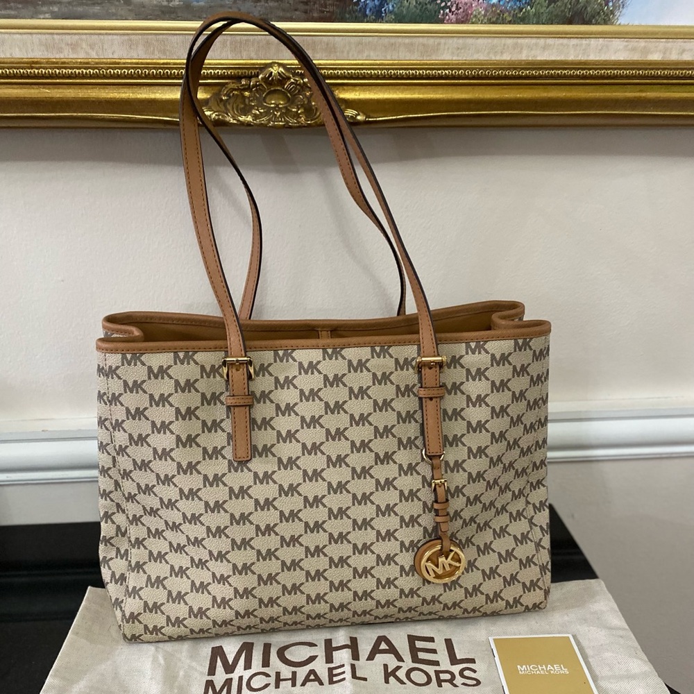Michael Kors Beige Logo Tote with Tan Leather Trim